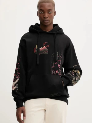 Desigual bluza bawełniana POSTCARDS męska kolor czarny z kapturem z aplikacją 25WMSK13