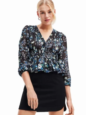 Desigual bluzka 23WWBW06 WOMAN WOVEN BLOUSE LONG SLEEVE granatowy