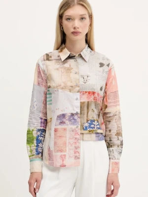 Desigual koszula bawełniana PHOTOPOST damska kolor beżowy regular z kołnierzykiem klasycznym 25WWCW18