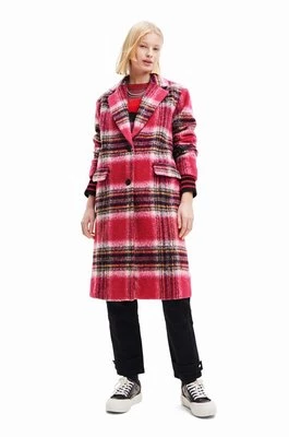 Desigual płaszcz 23WWEWAD WOMAN WOVEN OVERCOAT damski kolor różowy przejściowy dwurzędowy