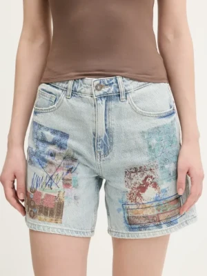 Desigual szorty jeansowe INIDAN damskie kolor niebieski z nadrukiem high waist 25SWDD24