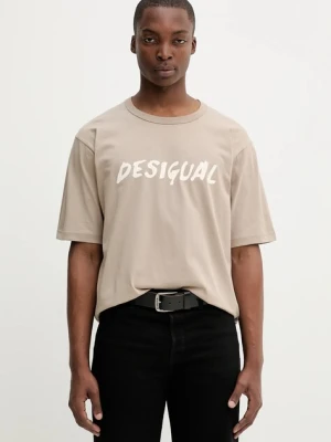 Desigual t-shirt bawełniany VICENTE męski kolor brązowy z nadrukiem 25WMTK20
