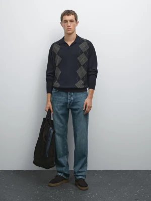 Sweter Polo Z Dzianiny Argyle Z Mieszanki Wełny - Granatowy - - Massimo Dutti - Mężczyzna