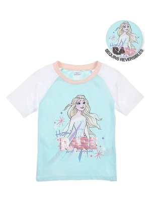 Disney Frozen Koszulka "Kraina Lodu" w kolorze biało-turkusowym ze wzorem rozmiar: 128