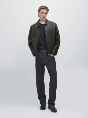 Distressed Leather Jacket - Brązowy - - Massimo Dutti - Male