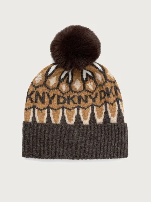 DKNY czapka z pomponem damska z dodatkiem wełny brązowy