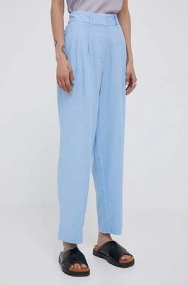 Dkny spodnie lniane kolor niebieski dopasowane high waist