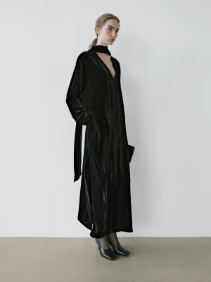 Długa Aksamitna Sukienka Z Wiązaniem Na Szyi − Studio - Czarny - - Massimo Dutti - Kobieta