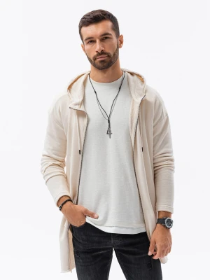 Długa bluza męska rozpinana z kapturem - kremowa V1 - Rozmiar: S Ombre Clothing biały