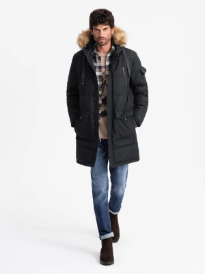 Długa ciepła kurtka męska typu parka z kapturem – czarna V2 - Rozmiar: XXL Ombre Clothing