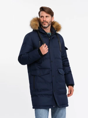 Długa ciepła kurtka męska z kapturem typu parka – granatowa V1 - Rozmiar: M Ombre Clothing
