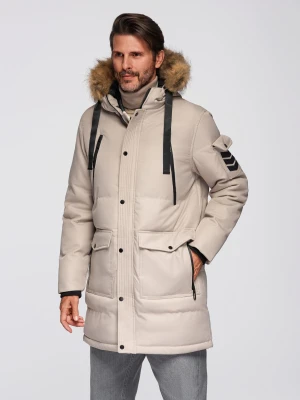 Długa ciepła męska kurtka typu parka z kapturem – beżowa V5 - Rozmiar: L Ombre Clothing