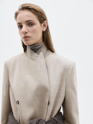 Długa Dwurzędowa Marynarka Ze 100% Lnu − Limited - Szary Pop - - Massimo Dutti - Kobieta