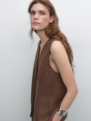 Długa Kamizelka Z Lnianej Tkaniny - Ceglany - - Massimo Dutti - Kobieta