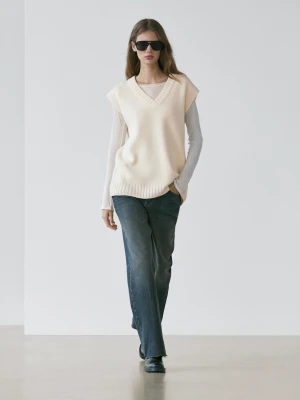 Długa Kamizelka Z Wełnianej Dzianiny - Biały Złamany - - Massimo Dutti - Kobieta
