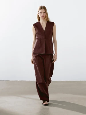 Długa Kamizelka Ze 100% Lnu Z Tasiemkami - Bordowy - - Massimo Dutti - Kobieta