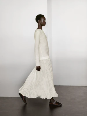 Długa, Kontrastowa, Plisowana Sukienka - Biały - - Massimo Dutti - Kobieta