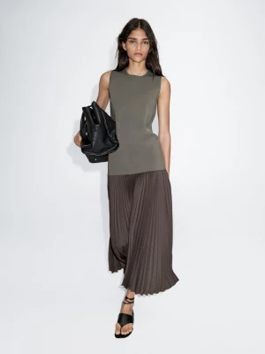 Długa Kontrastowa Sukienka Bez Rękawów - Szarawozielony - - Massimo Dutti - Kobieta