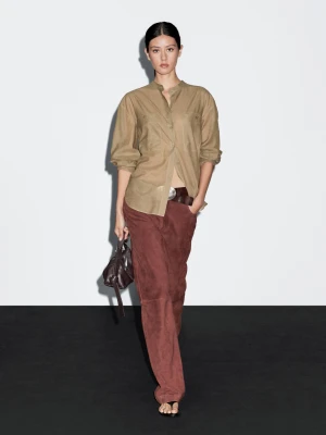 Długa Koszula Made With Liberty Fabric Ze Stójką - Khaki - - Massimo Dutti - Kobieta