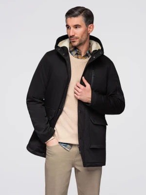 Długa kurtka męska parka z kożuszkiem – czarna V4 Ombre Clothing