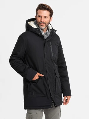 Długa kurtka męska parka z kożuszkiem – czarna V4 - Rozmiar: L Ombre Clothing