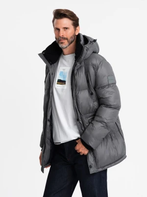 Długa kurtka męska puffer z zapinanymi kieszeniami – grafitowa V1 Ombre Clothing