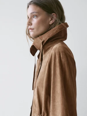 Parka Ze Stójką Ze Skóry Zamszowej - Sprany - - Massimo Dutti - Kobieta