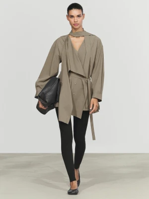 Długa Luźna Bluzka Z Bawełny I Paskiem - Szarawozielony - Massimo Dutti - Female
