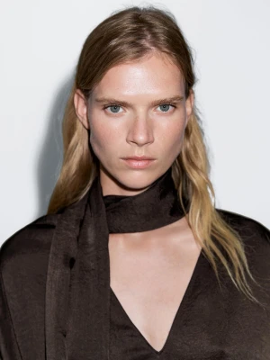 Długa Luźna Bluzka Z Wiązaniem Na Szyi - Brązowy - - Massimo Dutti - Kobieta