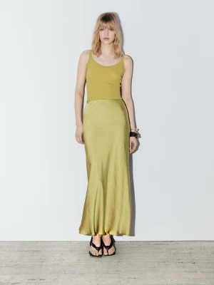 Długa Luźna Satynowa Spódnica − Studio - Limonka - - Massimo Dutti - Kobieta
