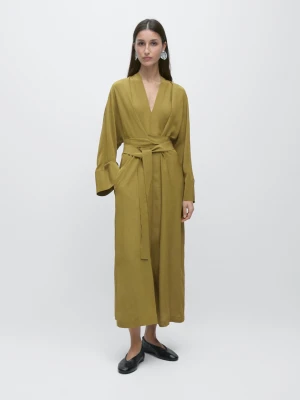 Długa Luźna Sukienka Z Dekoltem W Serek - Zielony - - Massimo Dutti - Kobieta