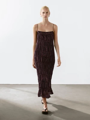 Długa Luźna Sukienka Z Mieszanki Lnu - Bordowy - - Massimo Dutti - Kobieta