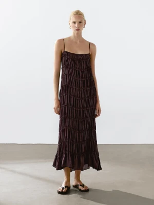 Długa Luźna Sukienka Z Mieszanki Lnu - Bordowy - - Massimo Dutti - Kobieta