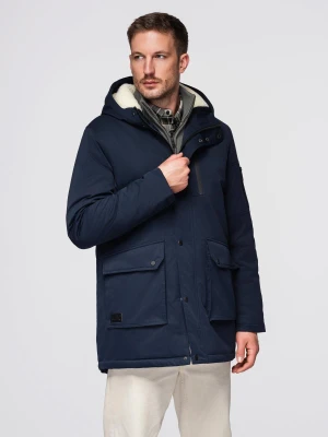 Długa męska kurtka parka z kożuszkiem – granatowa V2 - Rozmiar: L Ombre Clothing