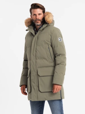 Długa męska kurtka parka z rozpinanym dołem – ciemnooliwkowa V4 - Rozmiar: L Ombre Clothing
