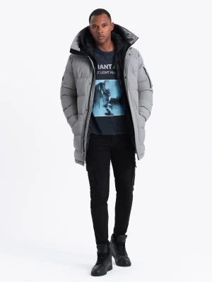 Długa męska kurtka parka ze strukturalnej tkaniny – szara V2 - Rozmiar: XXL Ombre Clothing