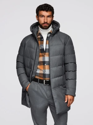 Długa męska pikowana kurtka z kapturem i wysoką stójką – szara V2 - Rozmiar: M Ombre Clothing