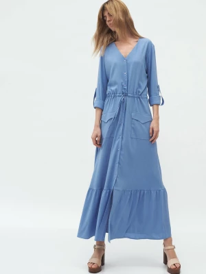 Długa niebieska sukienka z kieszeniami Merg