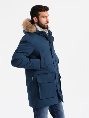 Długa ocieplana męska kurtka parka z rozpinanym dołem – granatowa V5 Ombre Clothing
