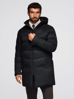 Długa pikowana kurtka męska z kapturem – czarna V1 Ombre Clothing