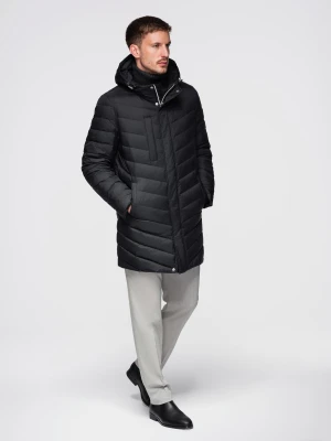 Długa pikowana kurtka męska z naturalnym wypełnieniem - czarna V1 - Rozmiar: L Ombre Clothing