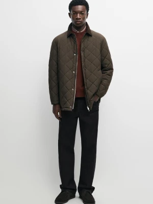 Długa Pikowana Kurtka Ze Sztruksowym Kołnierzem - Popielaty Brąz - Massimo Dutti - Male
