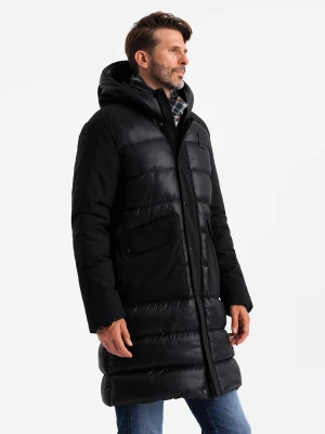 Długa pikowana męska kurtka z dużymi kieszeniami – czarna V1 - Rozmiar: S Ombre Clothing