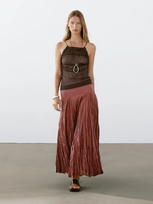 Długa Plisowana Spódnica Ze 100% Bawełny - Ognista Pomarańcza - - Massimo Dutti - Kobieta