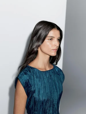 Długa Plisowana Sukienka - Ciemnoniebieski - - Massimo Dutti - Kobieta