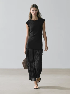 Długa Plisowana Sukienka Z Łączonych Materiałów - Czarny - - Massimo Dutti - Kobieta