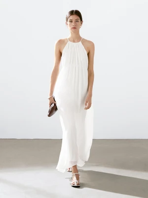 Długa Plisowana Sukienka Z Marszczeniem - Surowy - - Massimo Dutti - Kobieta