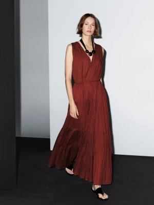 Długa Plisowana Sukienka Ze 100% Bawełny - Ceglany - - Massimo Dutti - Kobieta