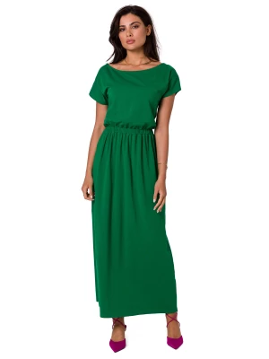 Długa sukienka bawełniana z gumą w pasie zielona BeWear