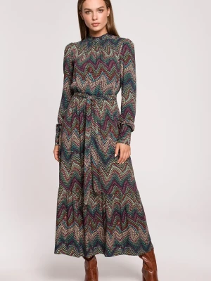 Długa sukienka BOHO z falbankami i długim rękawem zielona Stylove